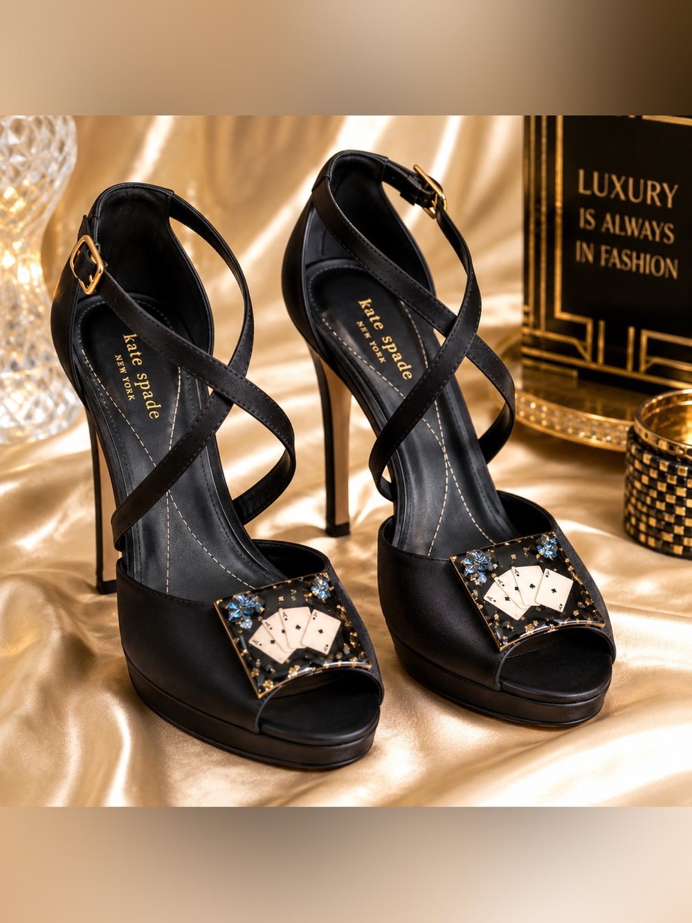 kate spade Black Embellished Open-Toe Slides with Card Motif